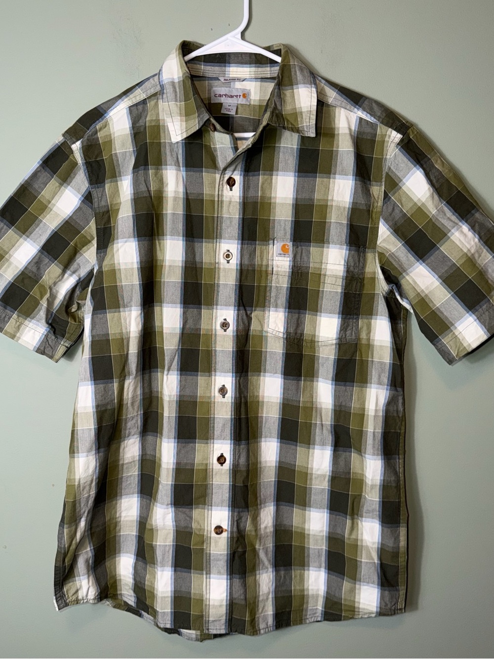 Carhartt Men’s Olive Green Plaid Short-Sleeve Shirt Medium Relaxed Fit